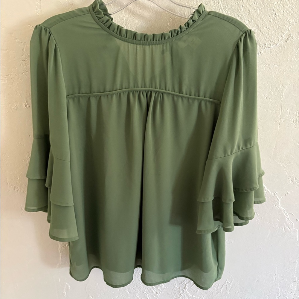 Monteau Olive Ruffle Tiered Sleeve Blouse